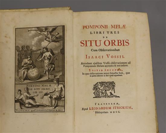 Mela, Pomponius - Cosmographia. Libri Tres de Situ Orbis, 12mo, contemporary vellum, with frontis,